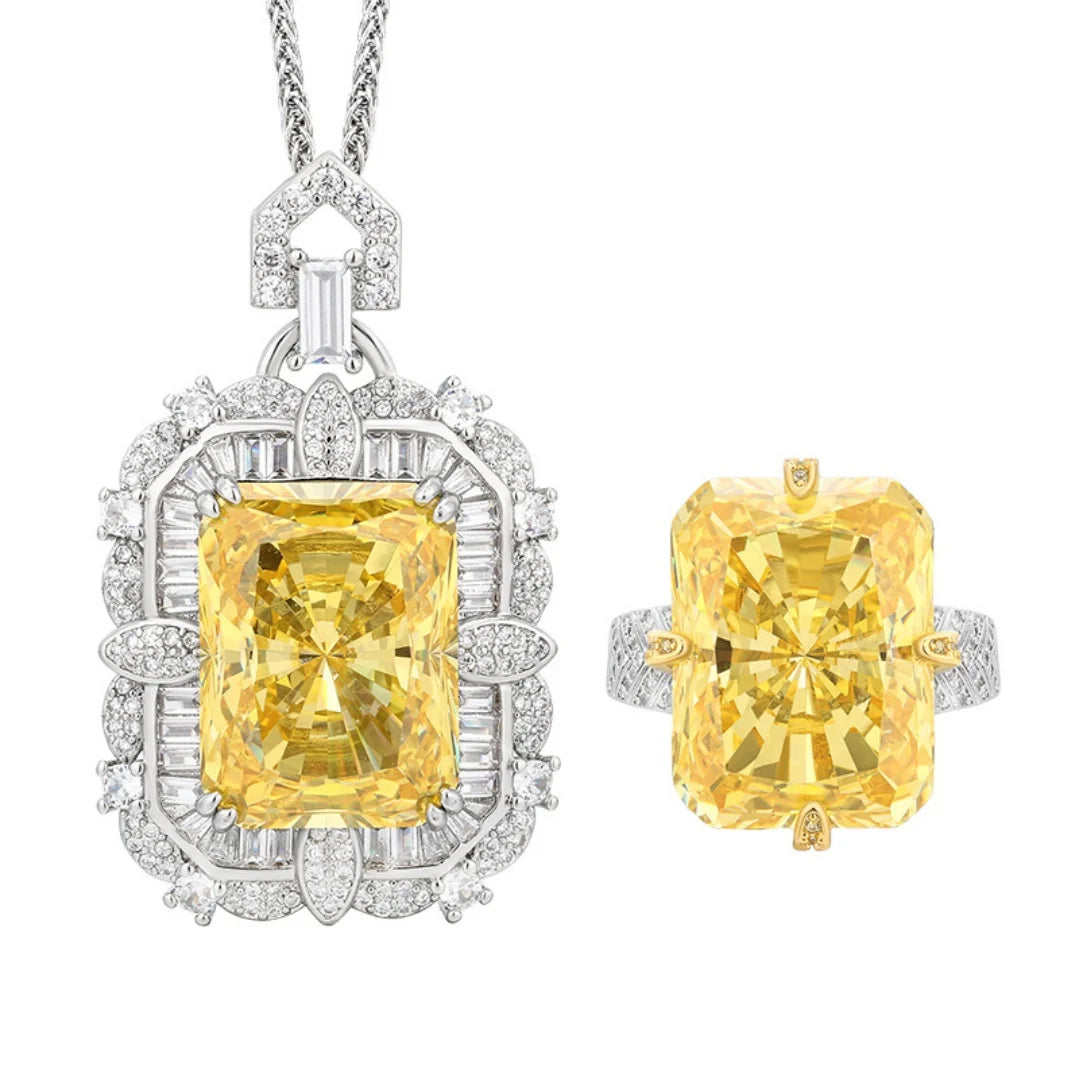 S&S Yellow Radiant Cut CZ Jewellery Set – Pendant Necklace & Ring – Gold Plated – Collection