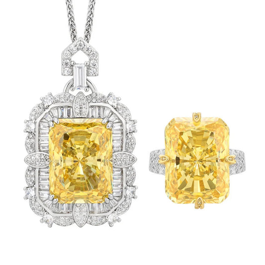 S&S Yellow Radiant Cut CZ Jewellery Set – Pendant Necklace & Ring – Gold Plated – Collection