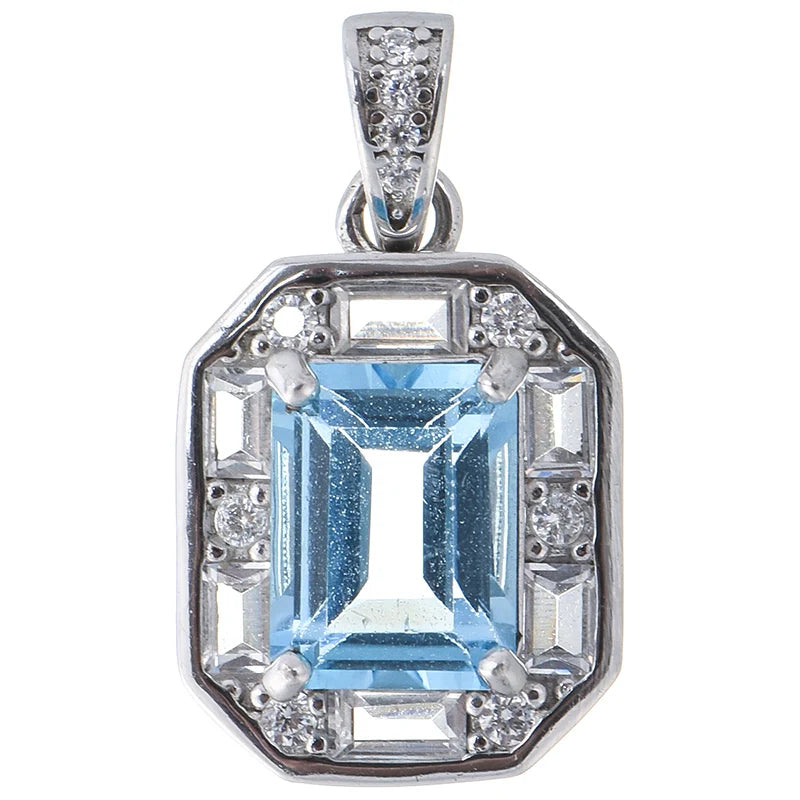 Gioiellieri Fine Jewelry 925 Silver Rhodium Plated Emerald Cut Natural Topaz Pendant Necklace Claw Setting CMA Certified for Women