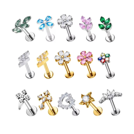 ASTM F136 Titanium 16G Internal Thread Zircon Inlay Labret Flat Back Lobe Helix Tragus Moon Cross Earrings Piercing Jewelry