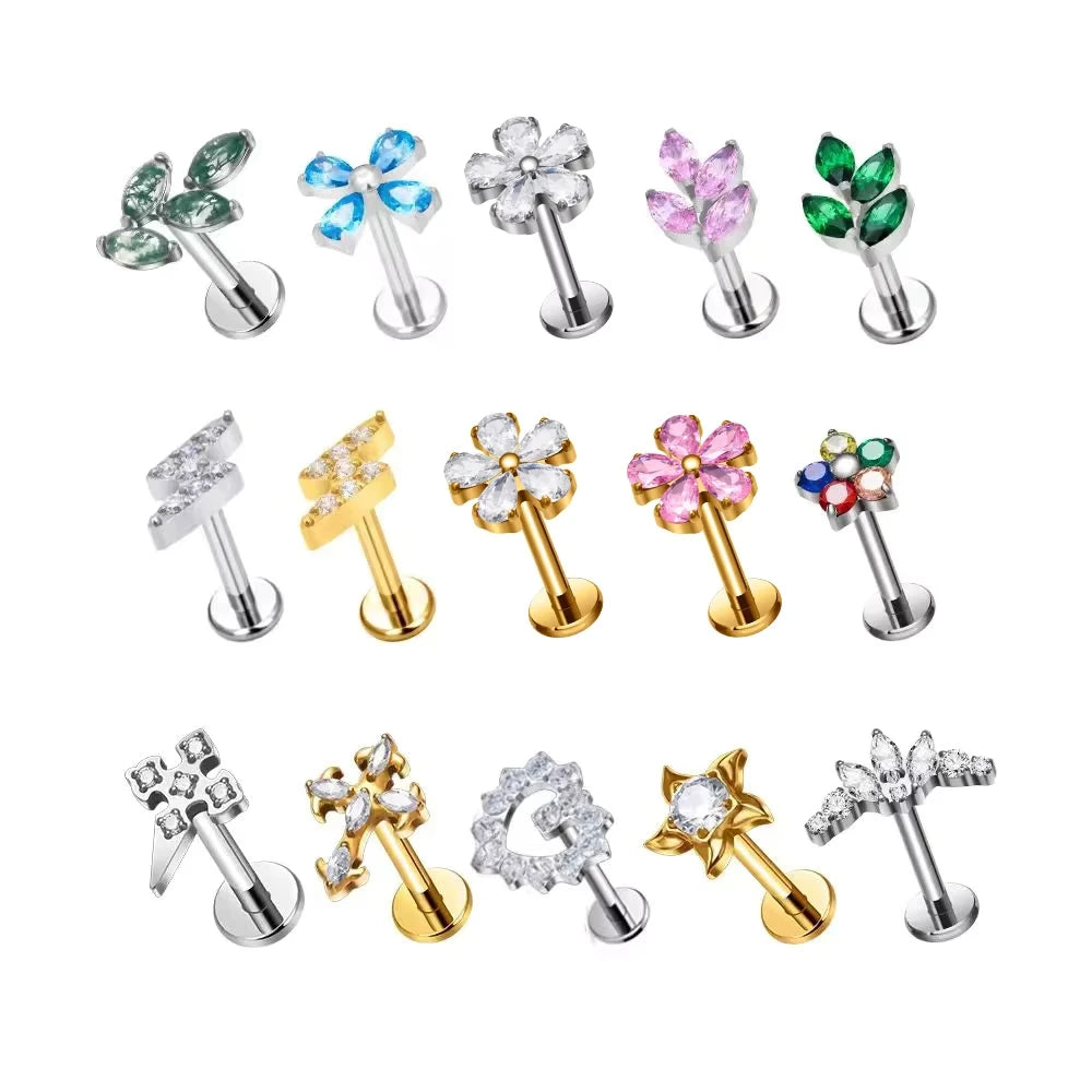 ASTM F136 Titanium 16G Internal Thread Zircon Inlay Labret Flat Back Lobe Helix Tragus Moon Cross Earrings Piercing Jewelry