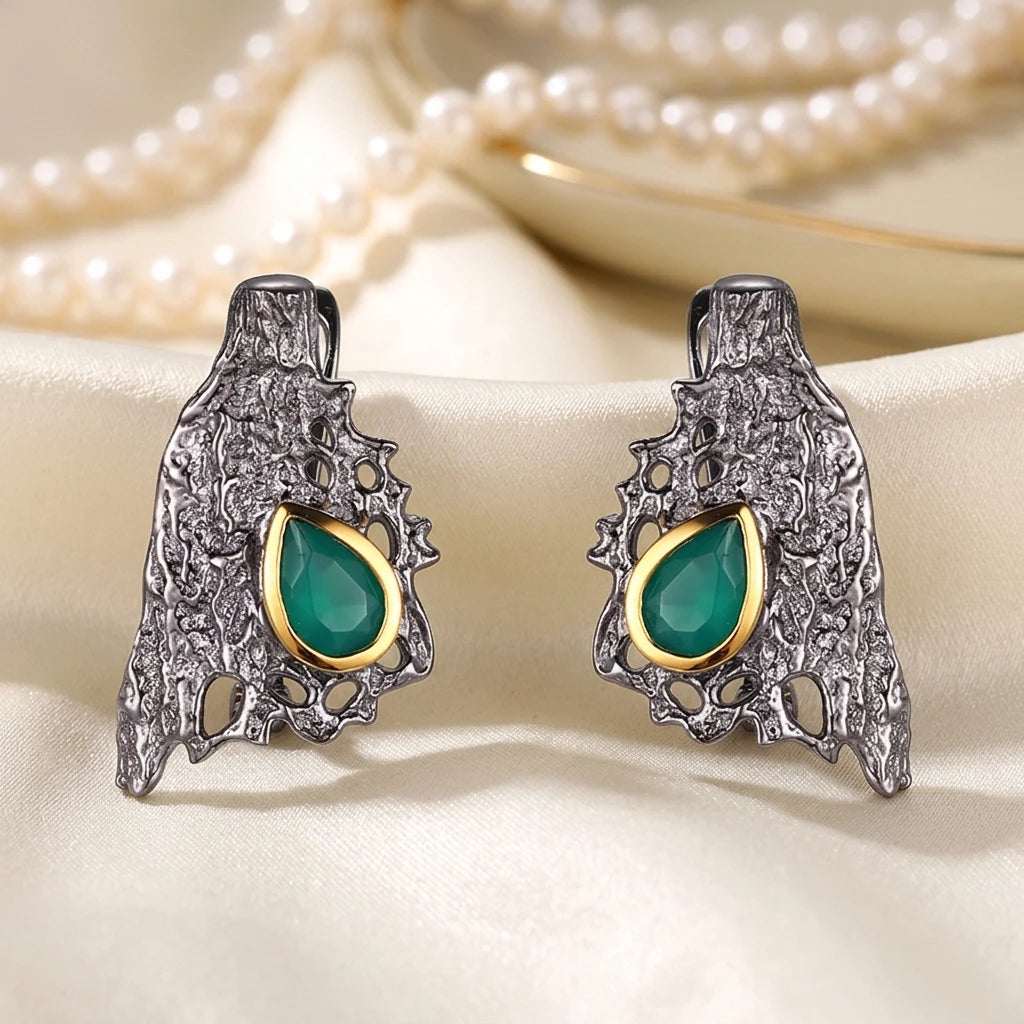 Latest Design Vintage Engagement Party Gift Green Agate 925 Sterling Silver Pendant Charm Earrings for Women