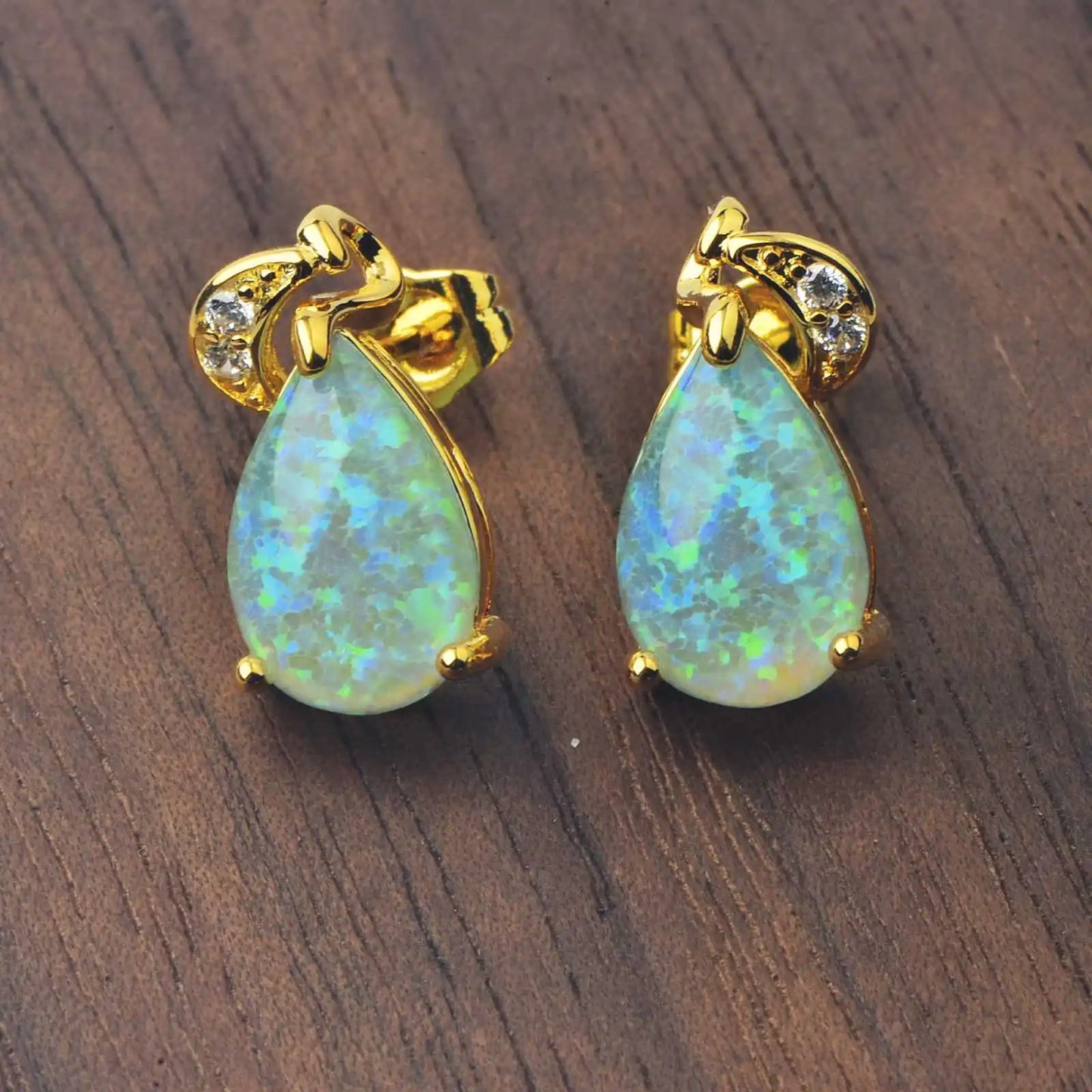 Elegant Teardrop Opal Drop Earrings - Blue Fire Opal Solitaire & CZ Accent Design | Formal Daily Jewelry Bulk Gifts