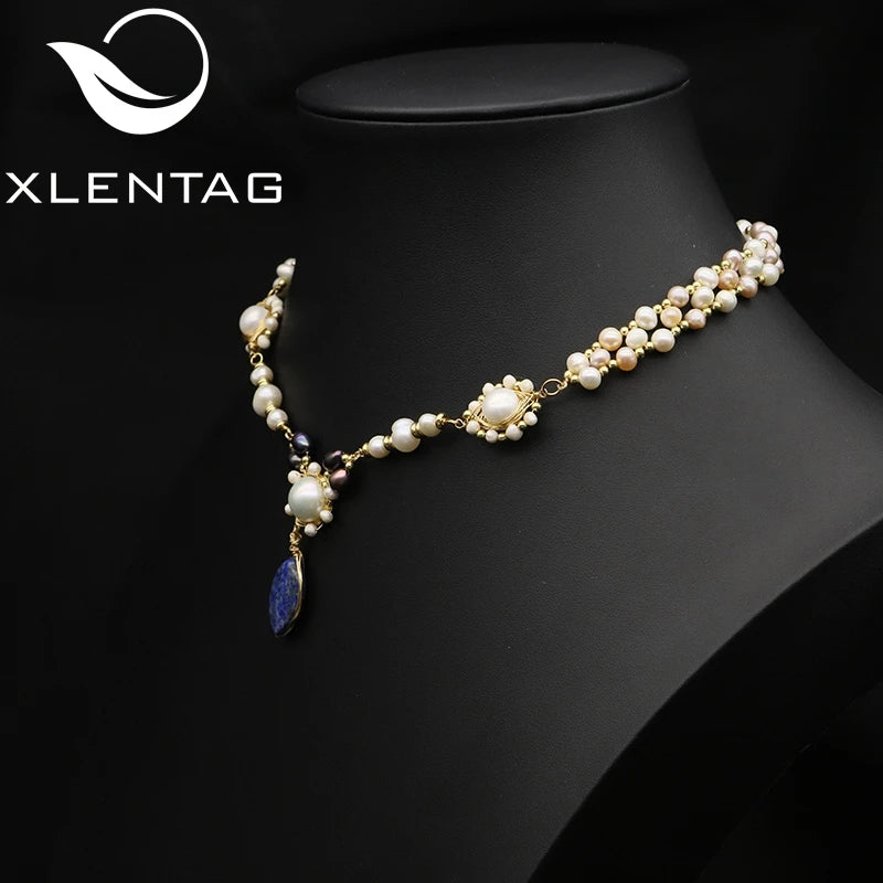 Natural Freshwater Pearl Lapis Lazuli Woven Handmade Pendant Necklace Colorful Multilayer Ball Chain Beaded Necklace Jewelry