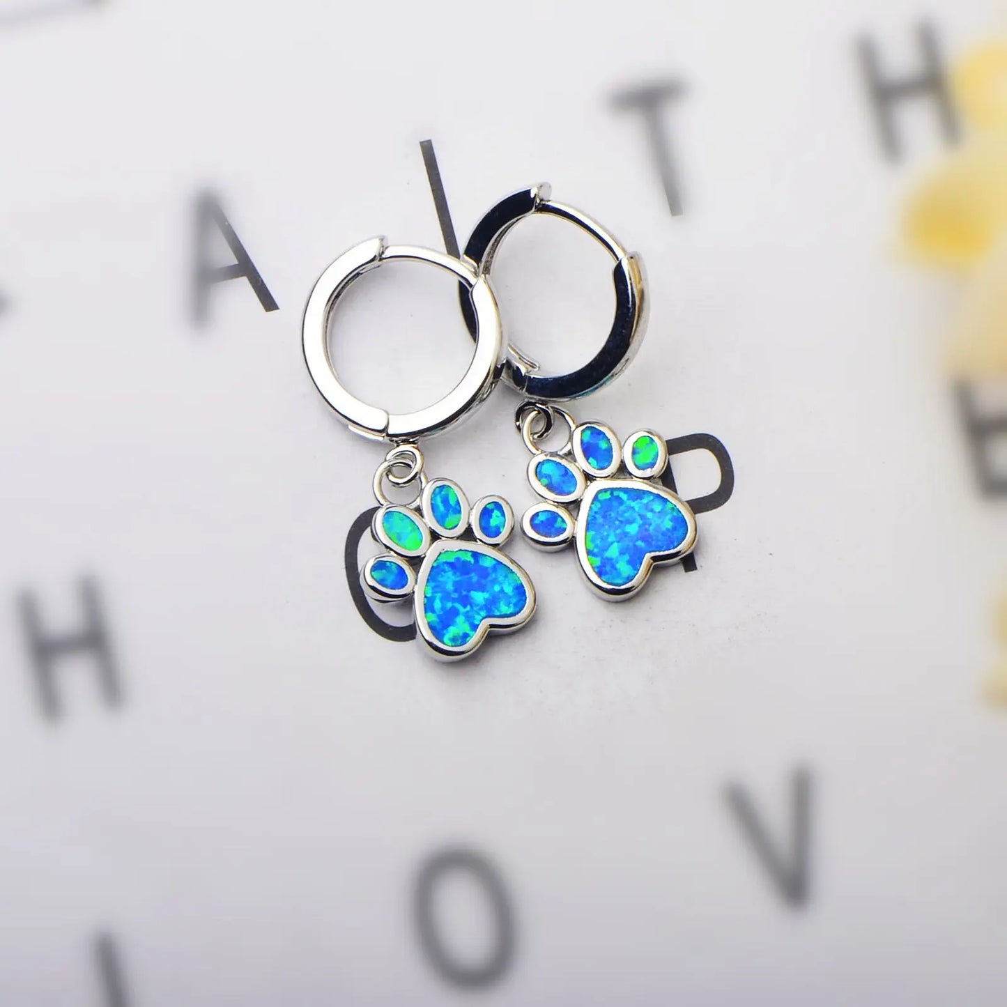 Blue Opal Dog PAWS Earrings | Silver Twisted Design Drop Jewelry
