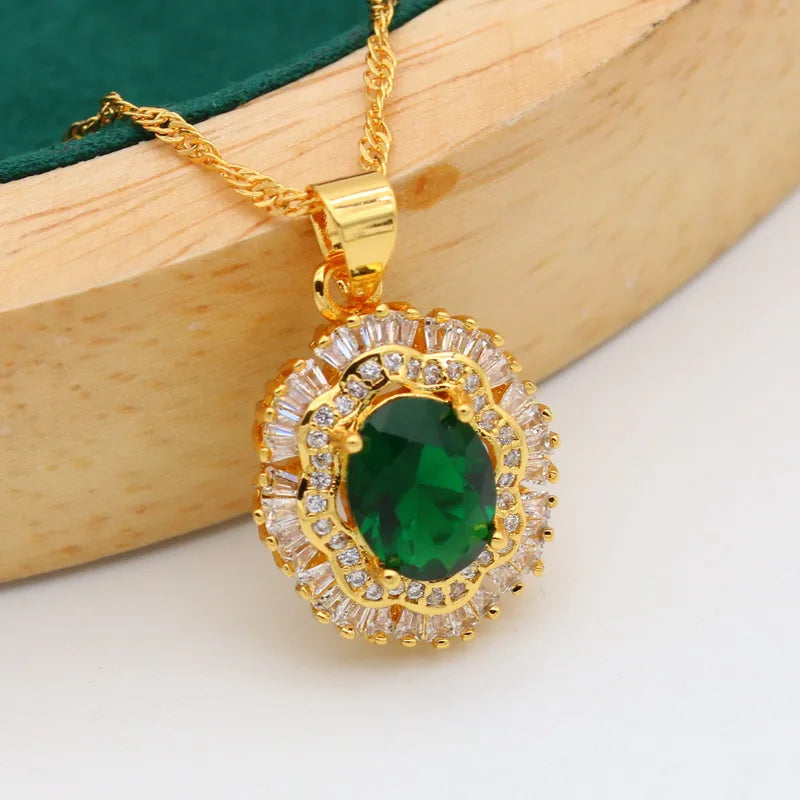 XOTICA Classic Gold Color Green Emerald Jewelry Set for Women Wedding Party Engagement Open Ring Bracelet Earrings Necklace Pendant