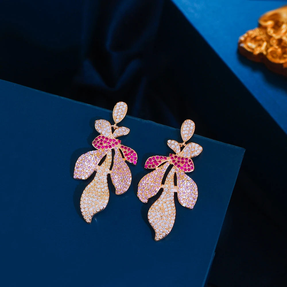S&S Red CZ Leaf Petal Dangle Drop Earrings – 18K Gold Plated – Collection