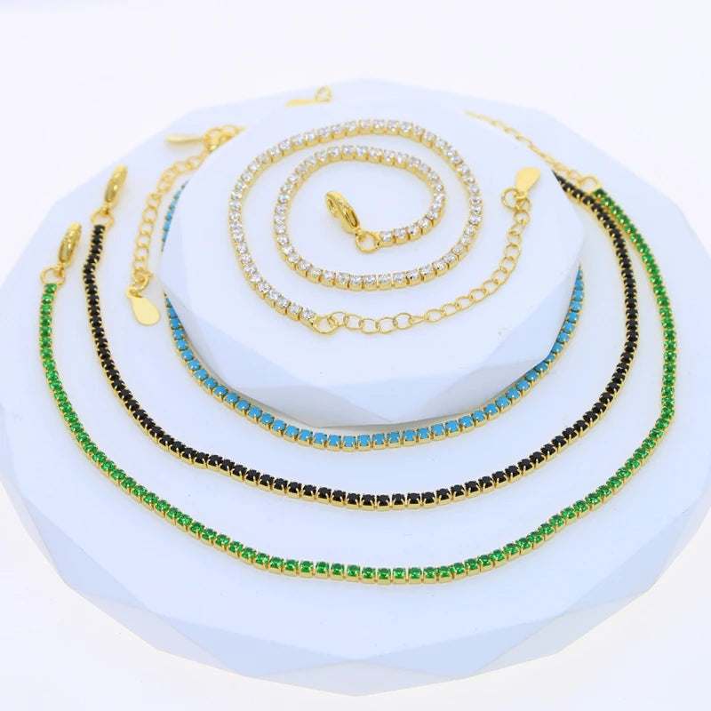 18K Gold Plated White Pink Green Turquoise Black Zirconia Fashion Women Jewelry CZ Summer Colorful Tennis Chain Foot Anklet