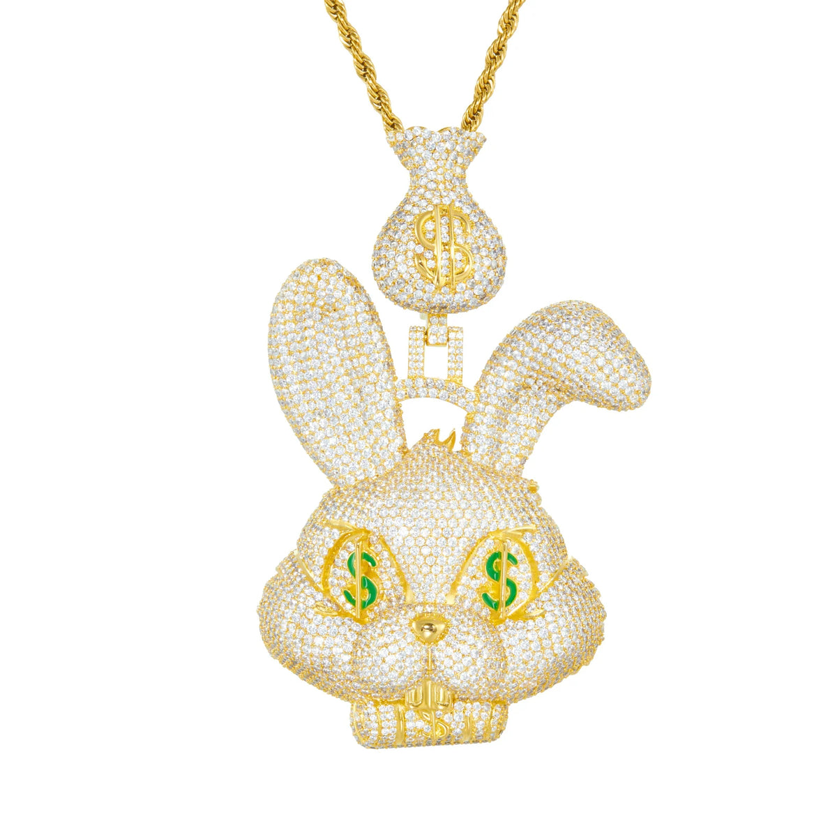 Luxury Iced Out Money-obsessed Rabbit Pendant Hip Hop Jewelry Gold Plated Brass AAAAA CZ Diamond Money Bag Bail Cartoon Pendant