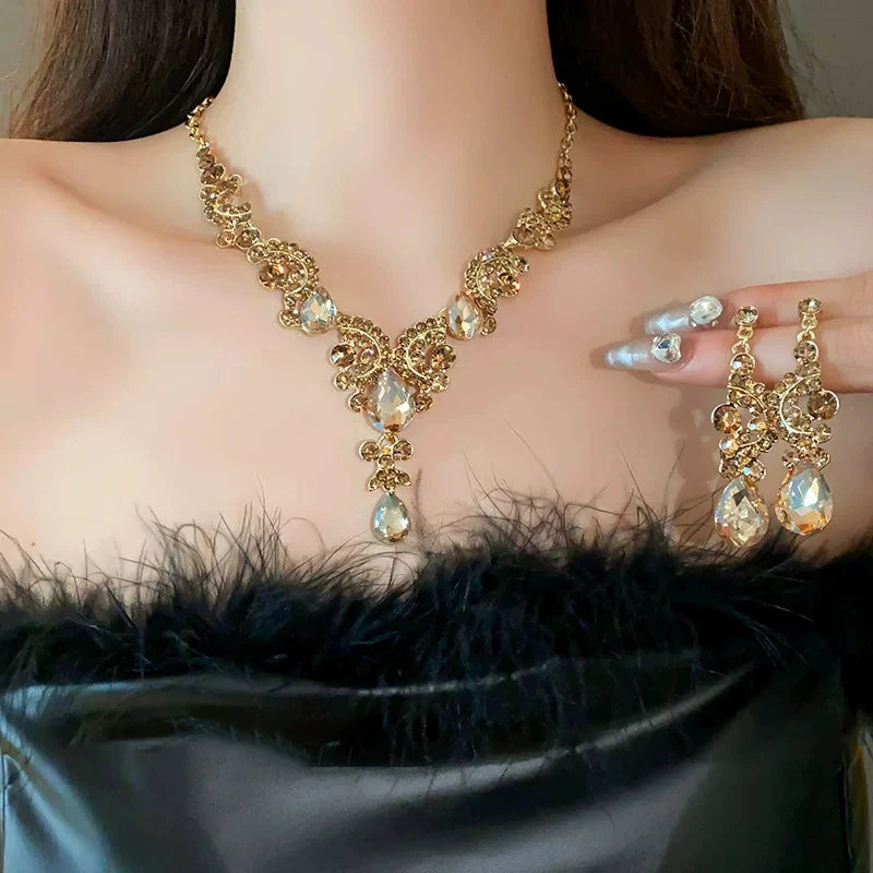 XM S385 Gold Plated Marquise Cut Champagne Zircon Floral Teardrop Pendant Necklace & Drop Earrings Set