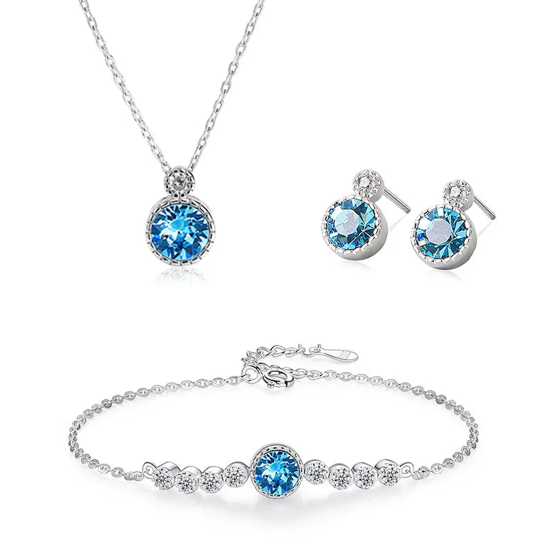 Fine Jewelry 925 Sterling Silver Marine Heart Jewelry Set Light Luxury Colorful Diamond Necklace Earring Bracelet 3 Piece Set