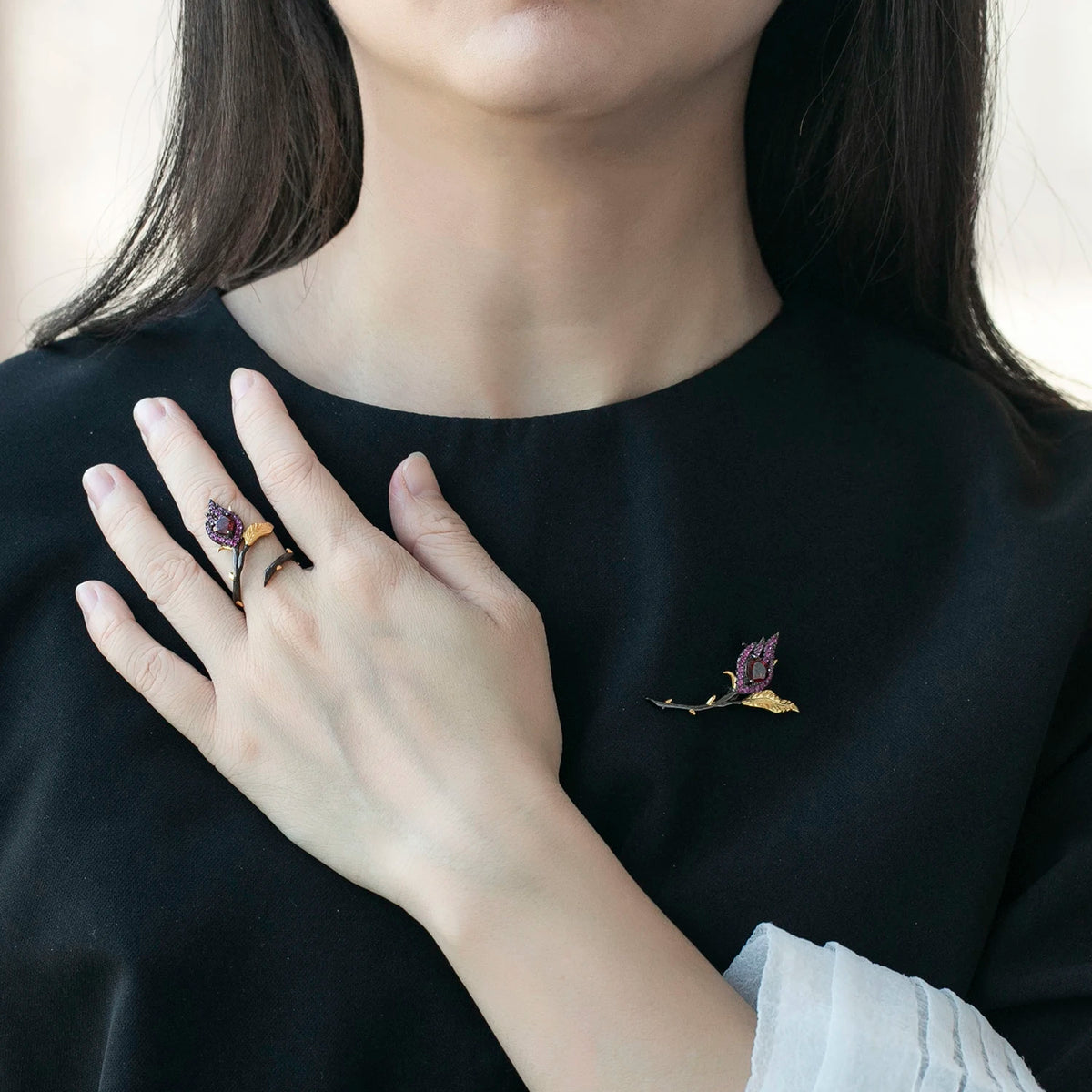 ArtistA Abiding Handmade Romantic Heart Shape Inspired Natural Amethyst Ring Pendant Earrings 925 Silver Women Jewelry Set for Mom Wife
