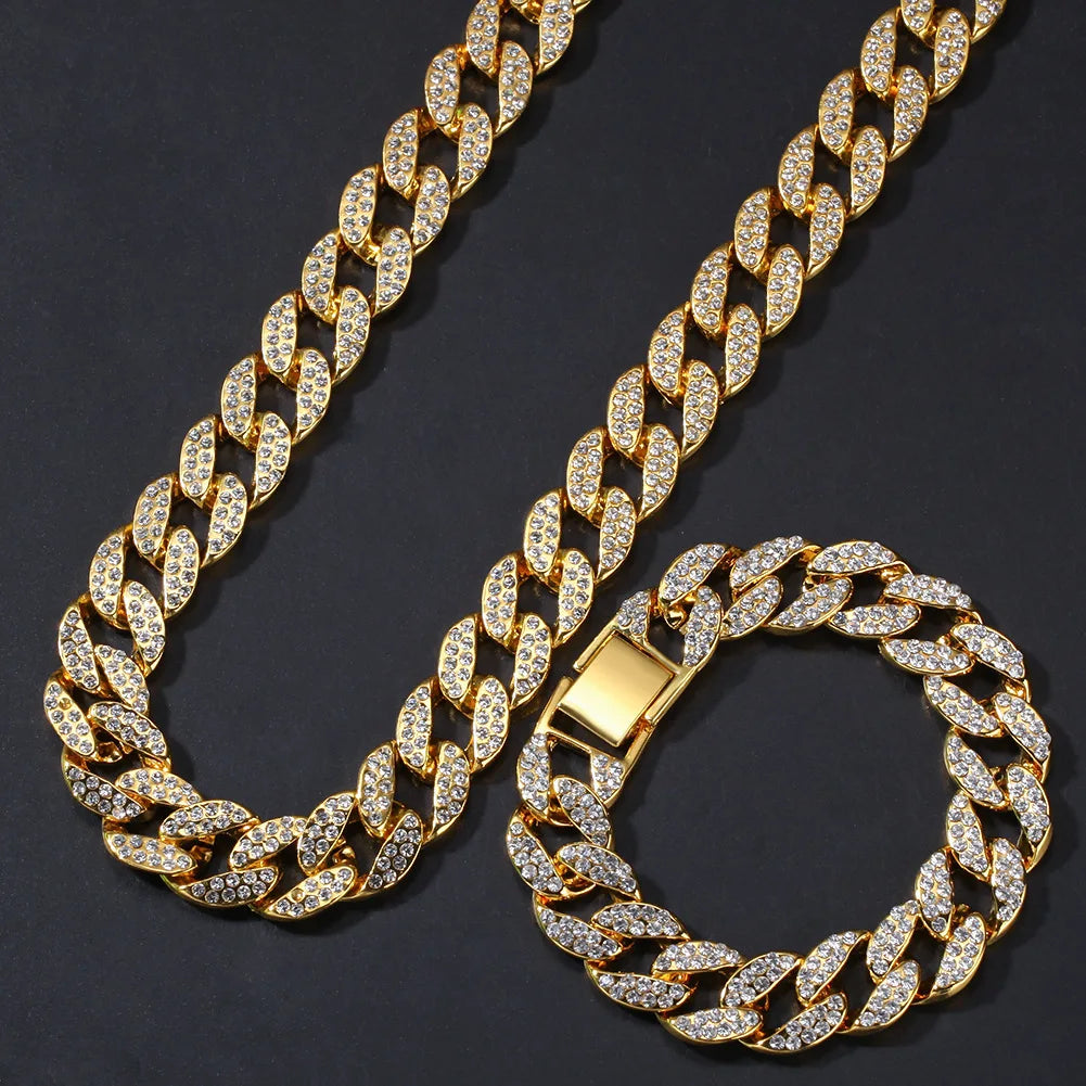 Classic Hip Hop Style 15mm Alloy Cuban Link Chain Set Geometric Rhinestone Crystal Rhodium Plated Trendy Beads for Anniversary
