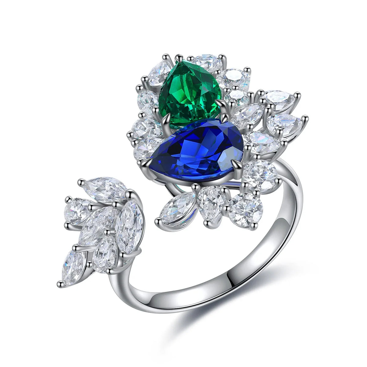 Gemfiori Jewelry Trendy High Quality S925 Silver Cultivated Sapphire Emerald Ring Unisex Engagement Ring for Wedding Party or Gift