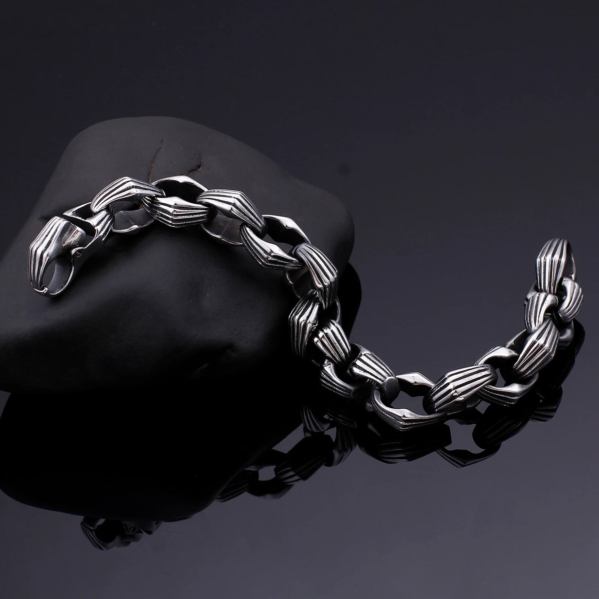 VIKING Geometric Link Chain Bracelet – 316L Stainless Steel Men's Silver Bangle