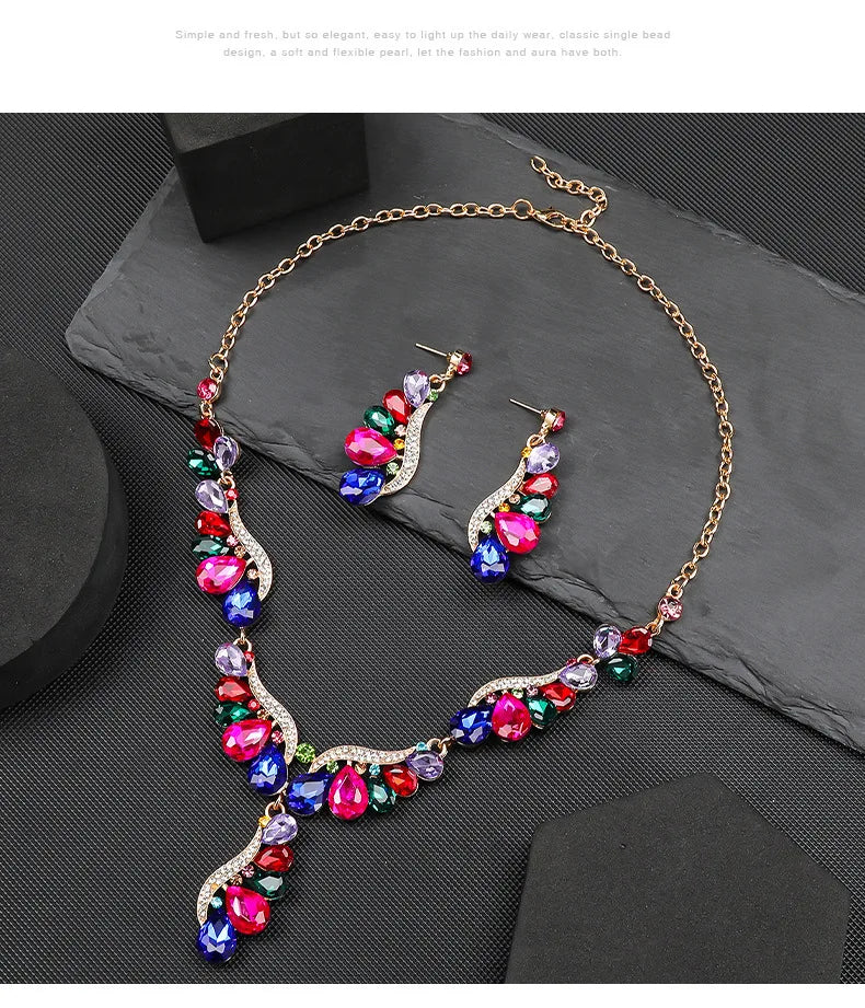 Luxury Multi Color Crystal Drop-Shaped Gemstone Necklace Earrings Jewelry Set for Women