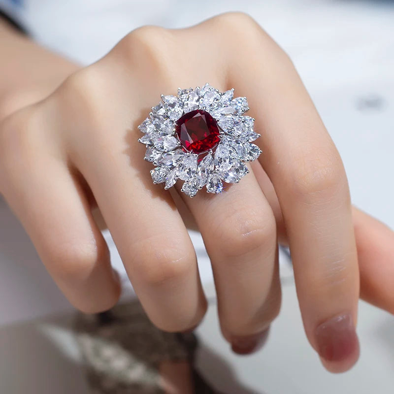 Messi Jewelry MSR-956 S925 Lab Ruby Cushion Cut Ring Flower Design Engagement Ring Wedding Band Classic Gift