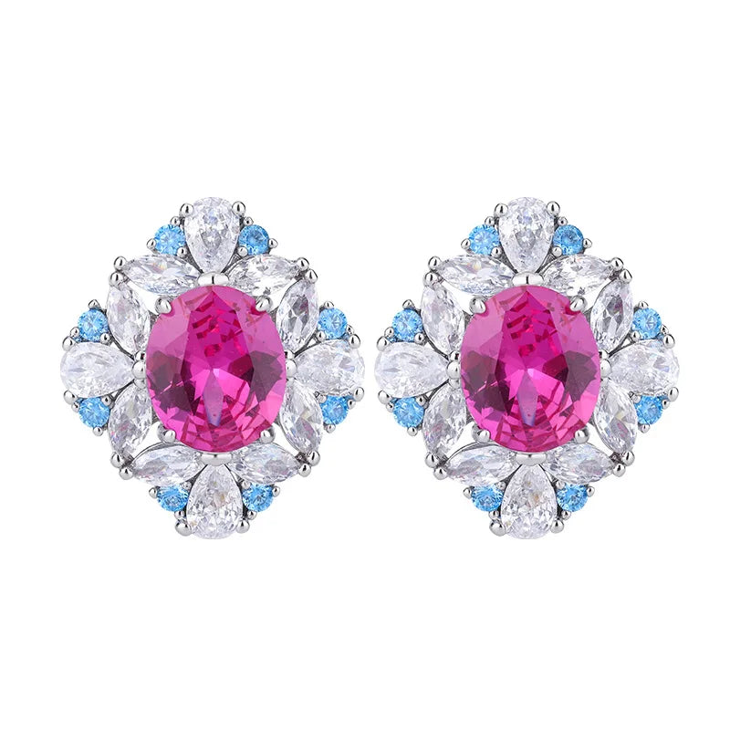 XOTICA Luxury Brazilian Fuchsia Gemstone Pendant Necklace Earring Ring Iced Blue CZ Zircon Flower Wedding Fashion Jewelry Set for Women