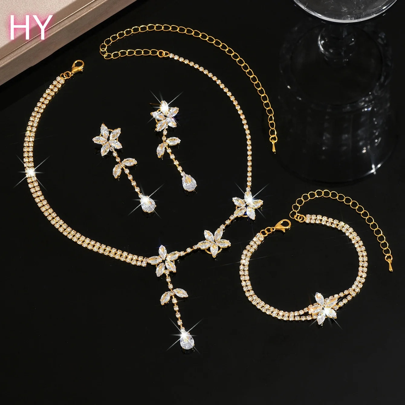 HY Daihe Set Glamorous Diamond Flower Leaf Tassel Chain Fashion Choker Necklace Earrings Party Wedding Jewelry Set