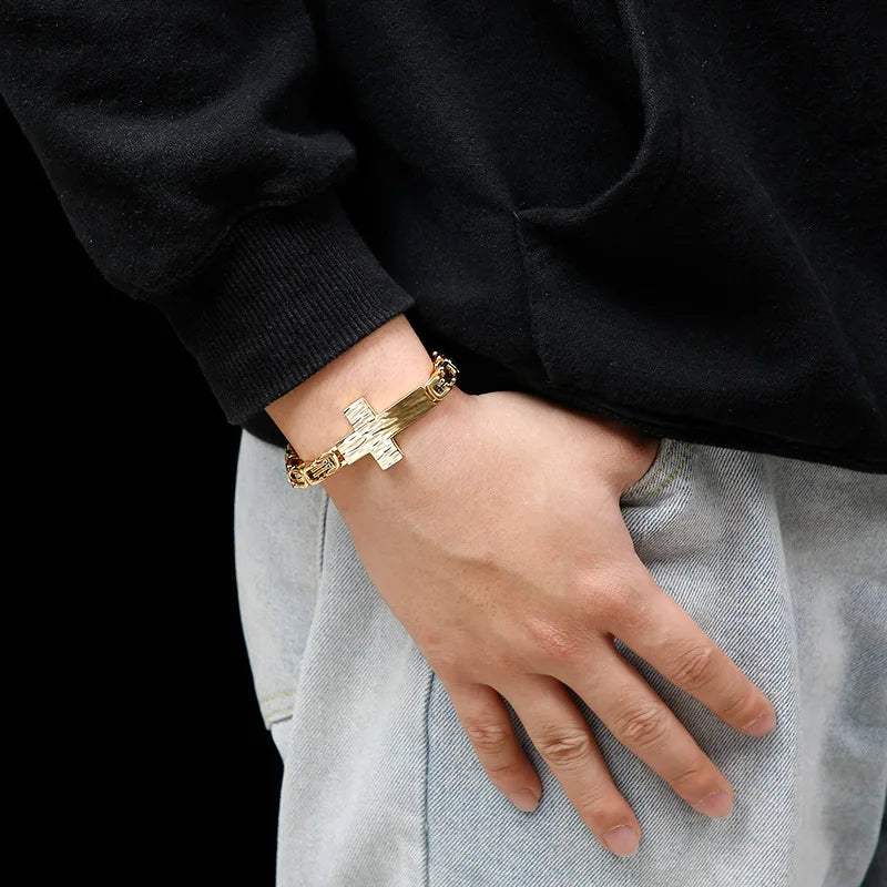 Fashion 18K Gold Plated Stainless Steel Byzantine Chain Cross Bracelet Trendy Jewelry for Men Women Unisex for Anniversary