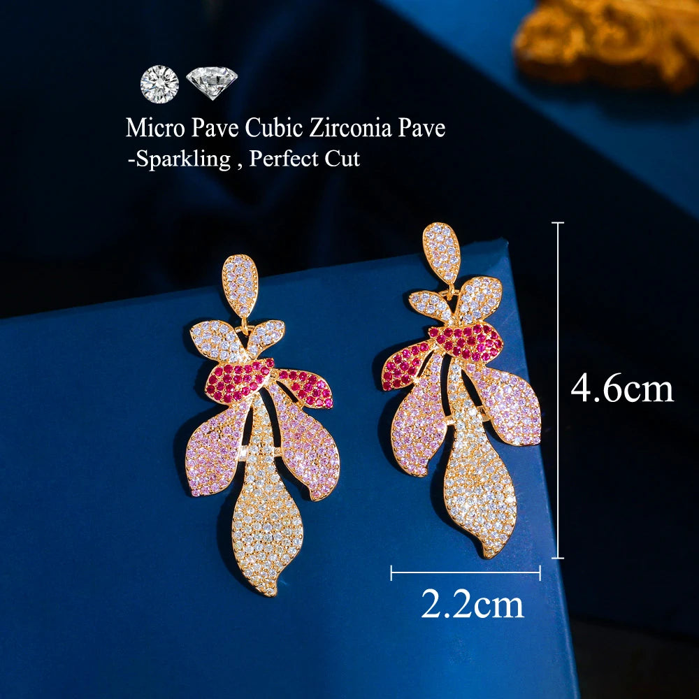 S&S Red CZ Leaf Petal Dangle Drop Earrings – 18K Gold Plated – Collection