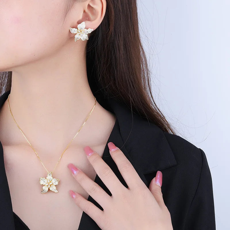 Gemfiori European and American Fashion Flower Ring Pendant Personalized Temperament Lily Elegant Set Sweet Wind Jewelry