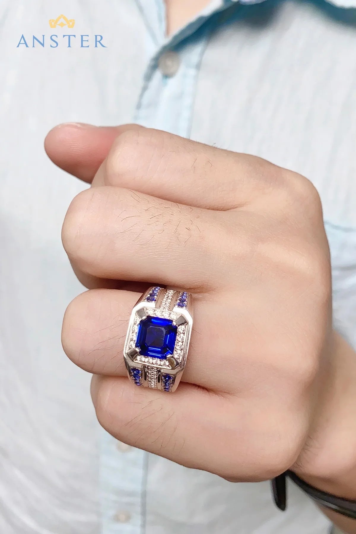 Gemfiori Elegant Men's Sterling Silver 925 Ring Men Rings Lab Grown Sapphire Emerald Diamond Inlay Christmas & Father's Day Gift for Him