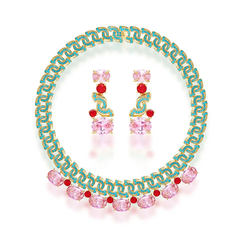New Pink Blue S-shaped Necklace Earrings Gold Plated Elliptical Colourful Zirconia Elegant Bridal Engagement Dress Set
