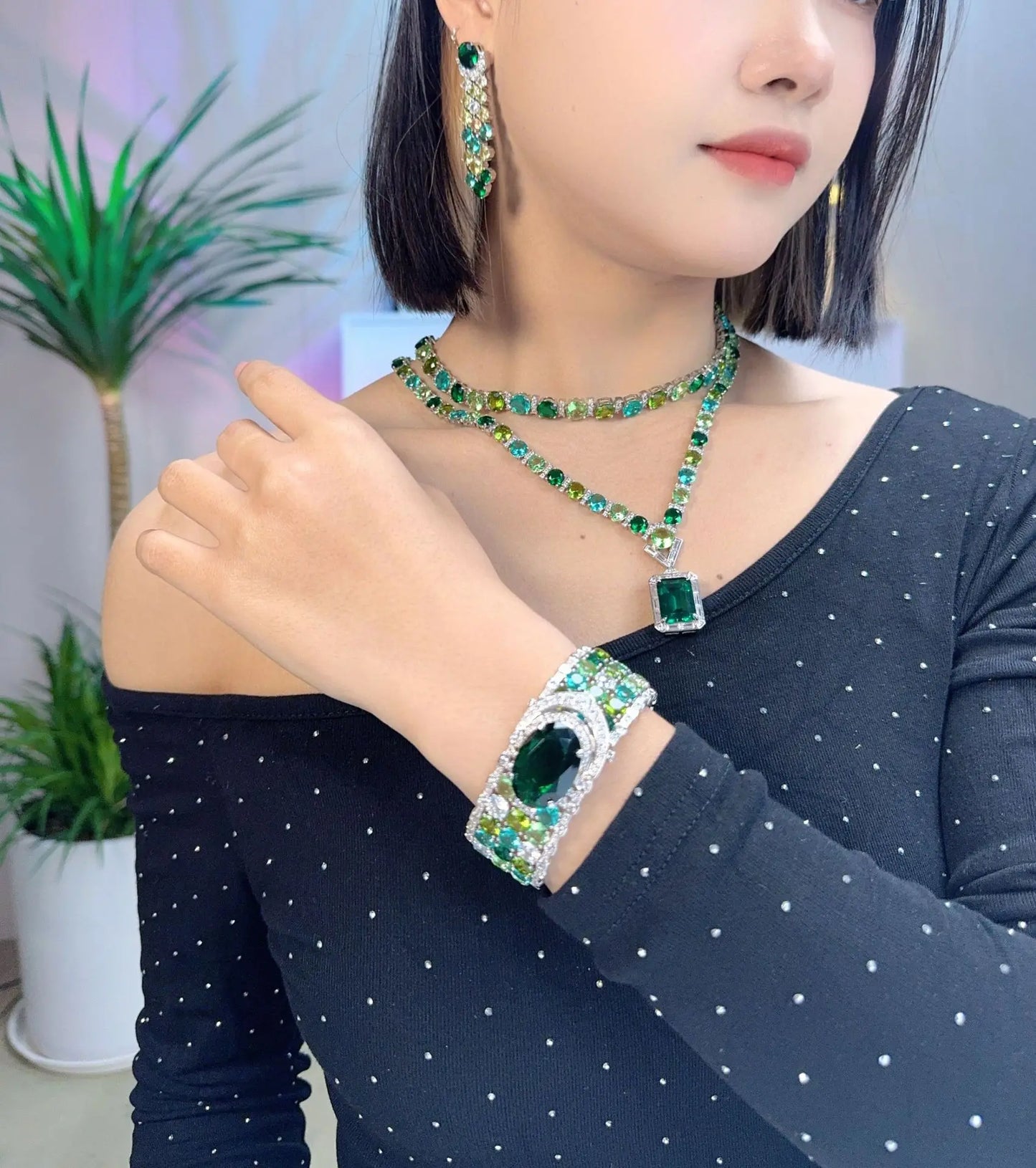New Arriving Gradient Colorful Zirconia Jewelry Set Gold Plated Heavy Luxury Necklace Earrings Bracelet 3pcs Women Jewelry Set