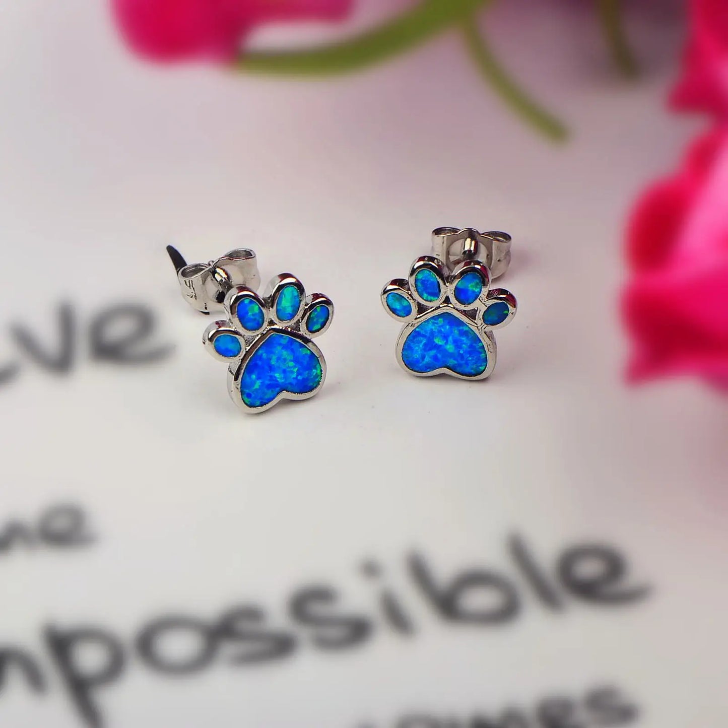 Whimsical Paw Print Opal Stud Earrings - Full Blue Fire Opal Inlaid Design | Pet-Lover Jewelry Bulk Gifts