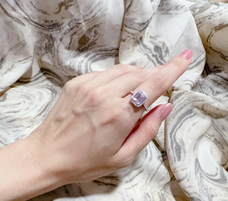 MuShan Jewelry Factory 4.2 Carat Rectangular Chamfered 7 * 9mm Candy Powder High Carbon Diamond S925 Silver Ring for Women