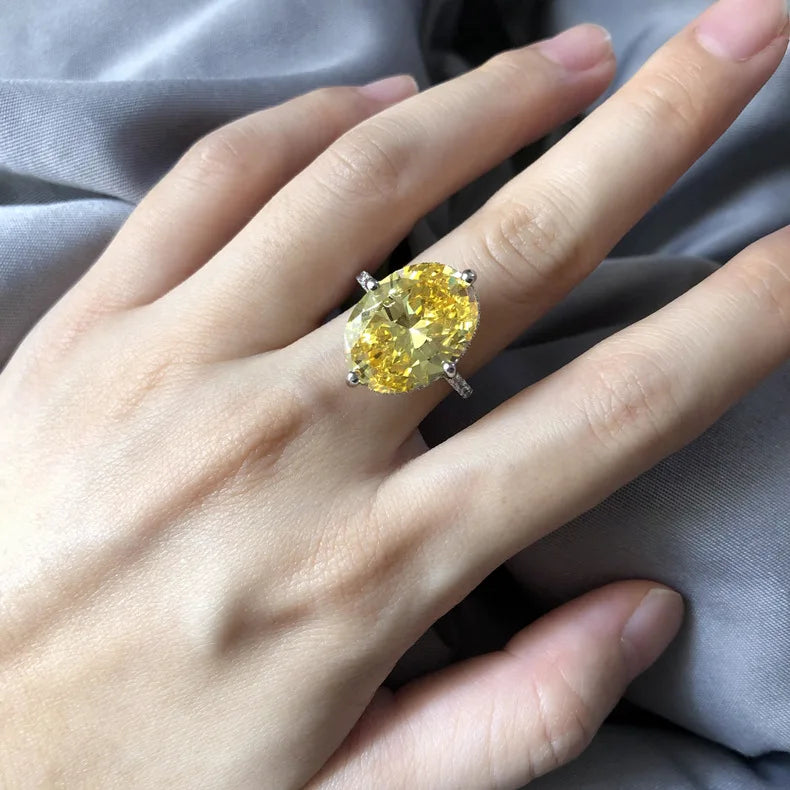 MuShan Jewelry Factory 16 Carat 12 16mm Geometric Yellow Diamond Wedding Ring Women 925 Silver Platinum Plated Luxury Pave Party