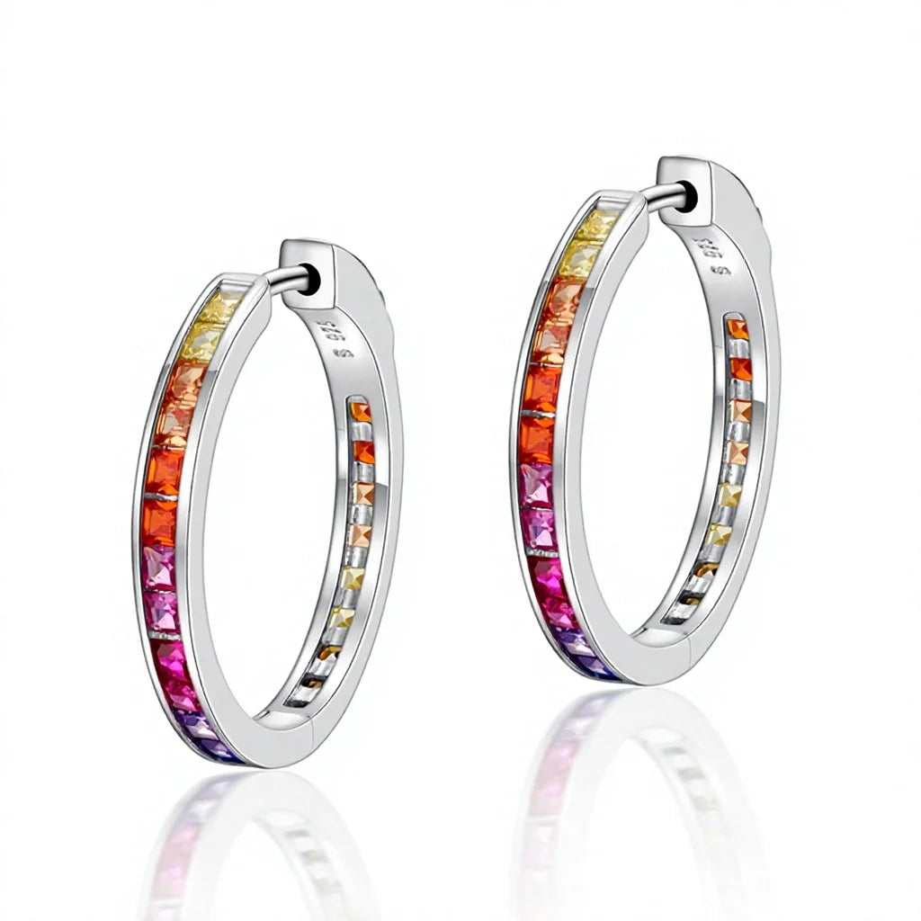 ArtistA Fashion Rainbow Jewelry Custom CZ 925 Sterling Silver Rhodium Plated Rainbow Color Cubic Zirconia Hoop Huggie Earrings for Women