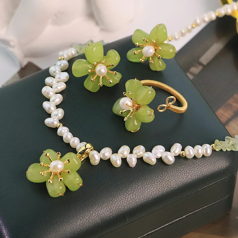 GLSEEVO Natural Freshwater Pearl & Green Jade Flower Jewellery Set — Necklace, Earrings & Ring