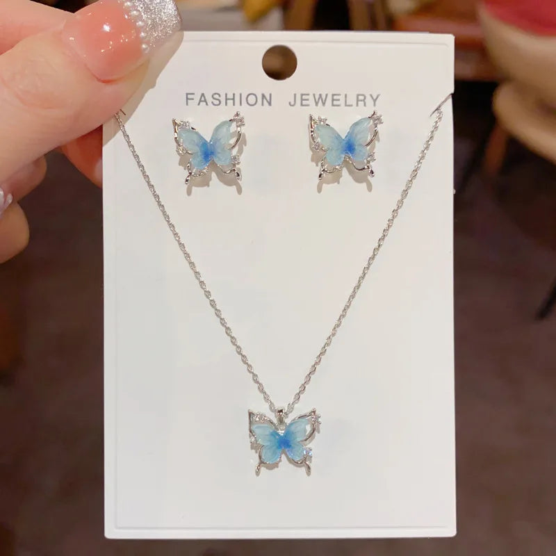 Luxurious Fashion Blue Butterfly Necklace and Earrings Set with Zircon Classic Real Gold Plated Jewelry Set for Women