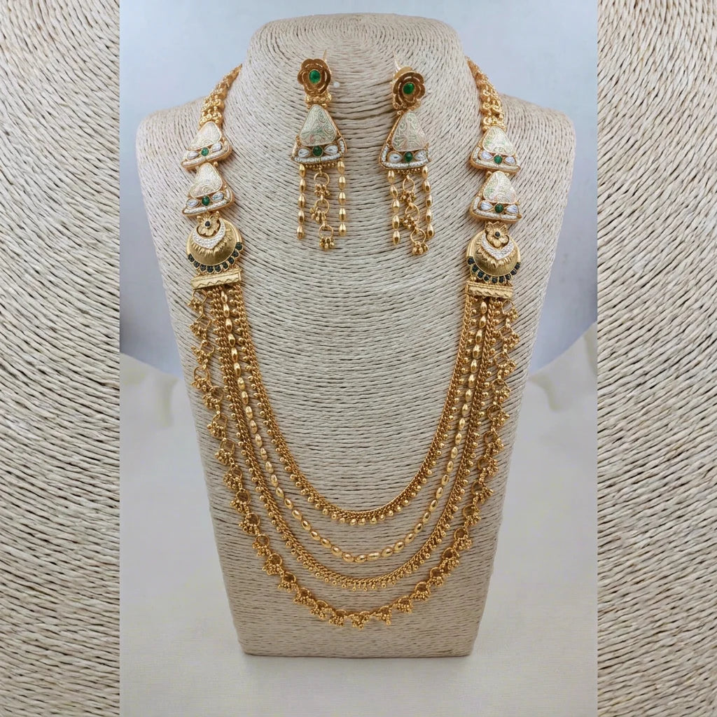 Royal Heritage Multi Layer Temple Necklace Set Antique Gold Floral Long Necklace with Earrings Wedding Jewelry Set