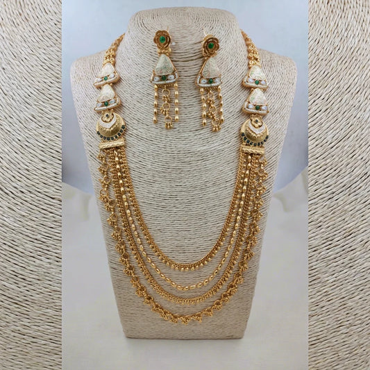 Lakshmi Royal Heritage Multi Layer Temple Necklace Set Antique Gold Floral Long Necklace with Earrings Wedding Jewelry Set