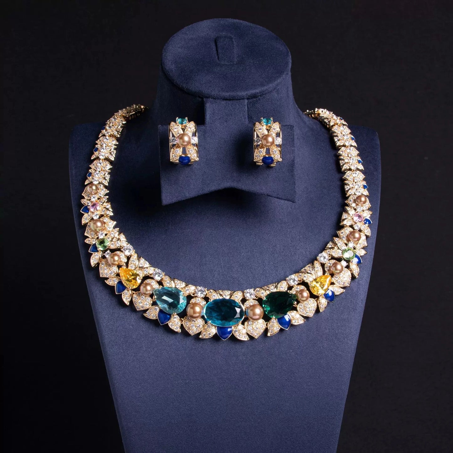 XM S301 Oval Cut Zircon & Pearl Statement Necklace & Earrings Set