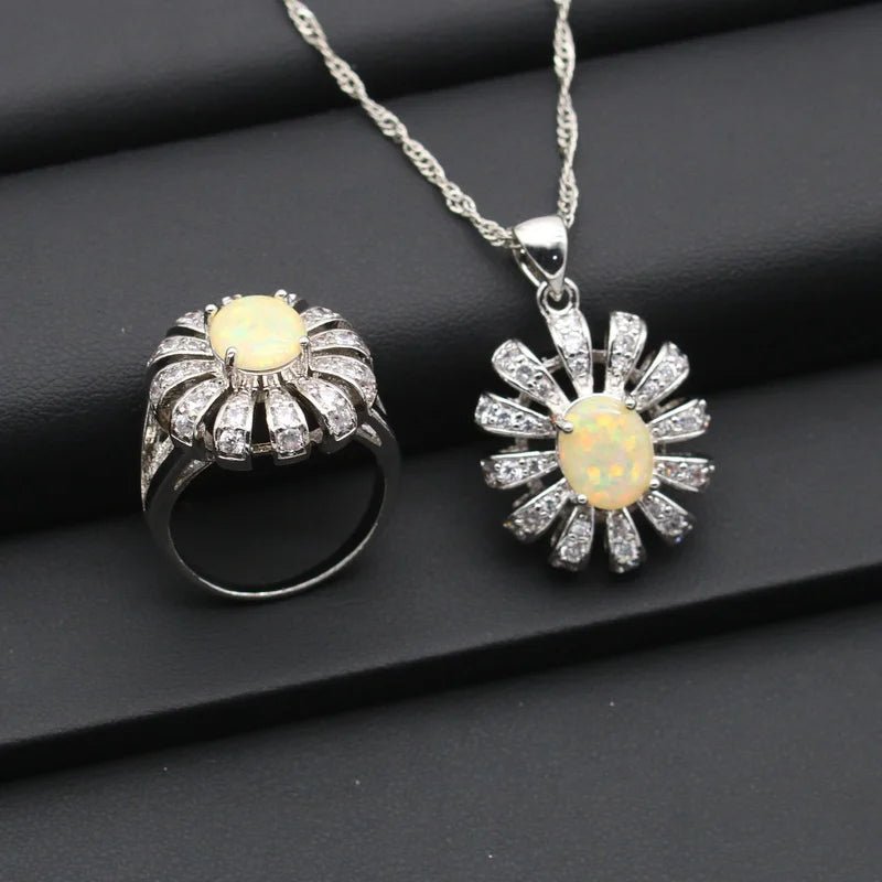 XOTICA Silver Jewelry for Women White Opal Earrings Pendant Necklace Ring Set for Wedding Party Engagement-Christmas Gift