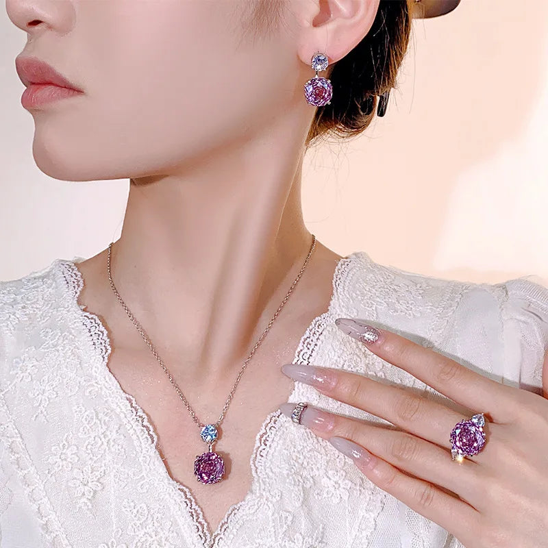 REDheart Brass Pearl Rhodium Plated Open Ring Rose Cut Dry Rose Simple Wind Round Pendant Necklace Set for Wedding Party