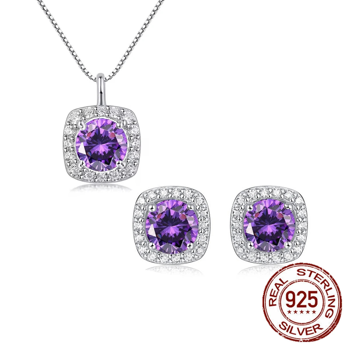 925 Sterling Silver Jewelry Set Square Purple Round Cubic Zirconia Pendant Necklace Stud Earrings Jewelry Set for Brides Wedding