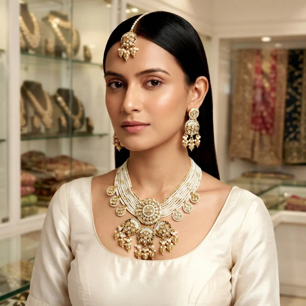 Luxury Indian Traditional Imitation Pearl Zircon Choker Necklace Earrings Women Bridal Wedding Jewellery Gold Plated Ethnic