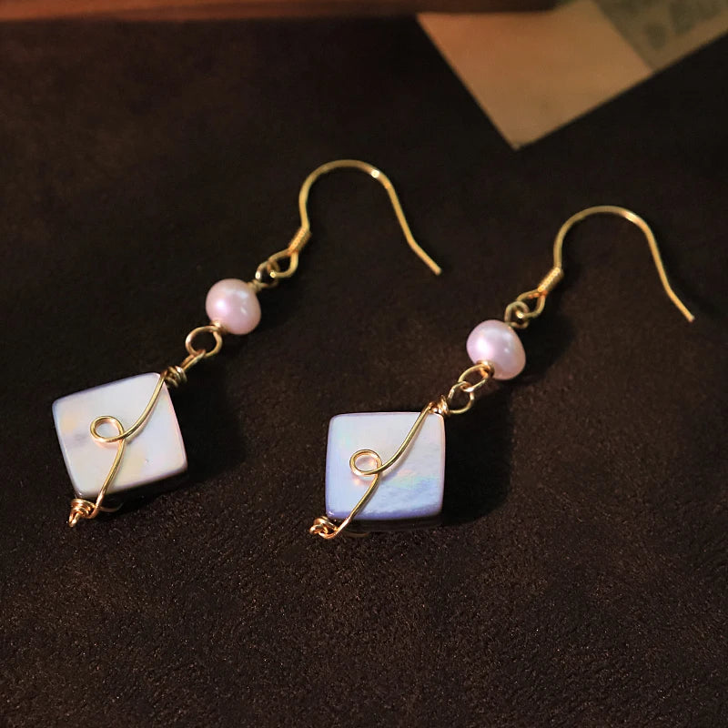 Natural Pearl Rhombus Shell Sterling Silver Ear Hook Necklace Bracelet Luxury Design Women's Jewelry Set Accessories GS0209