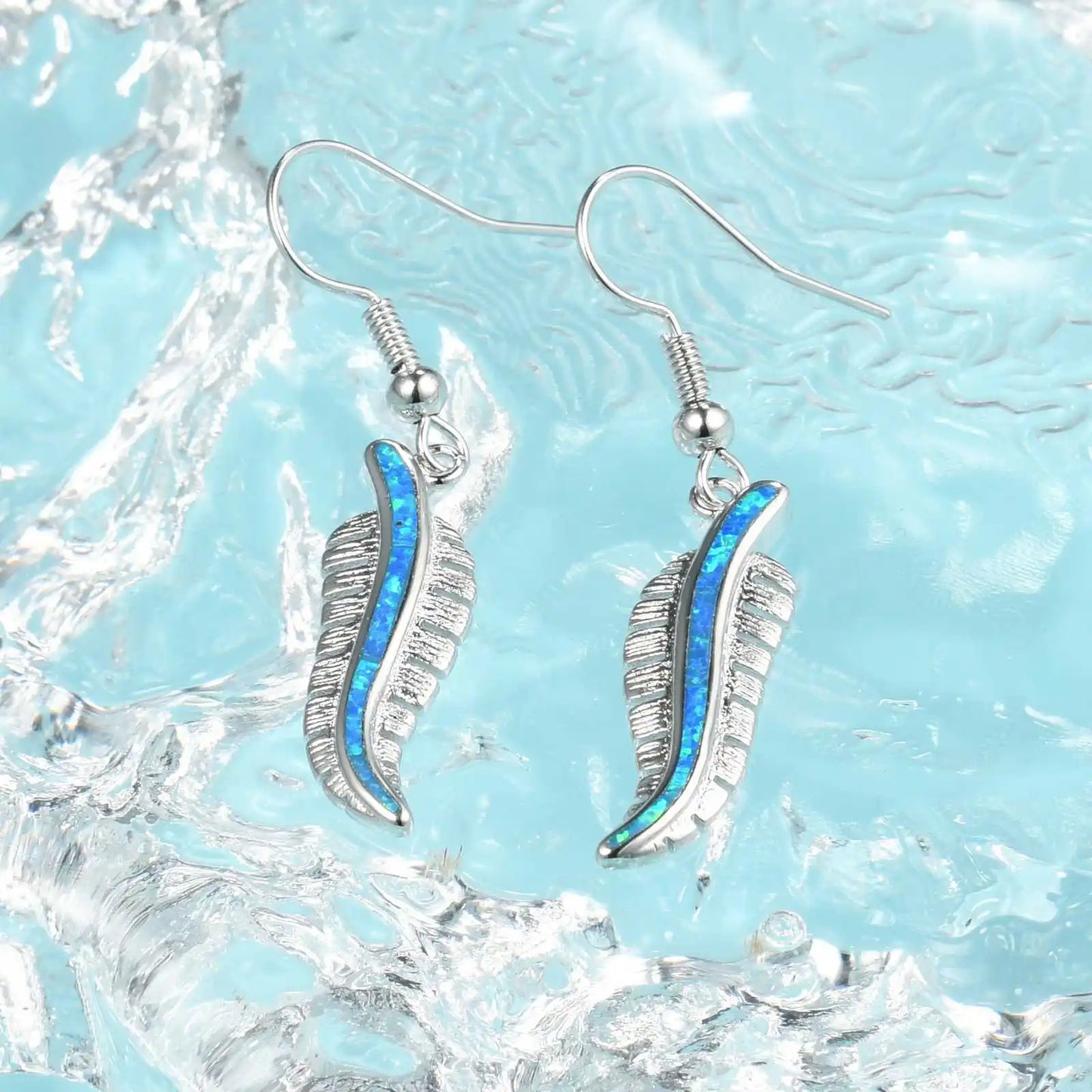 Hawaiian Ocean Style Blue Opal Feather Earrings Must Have Vacation Opal Jewelry