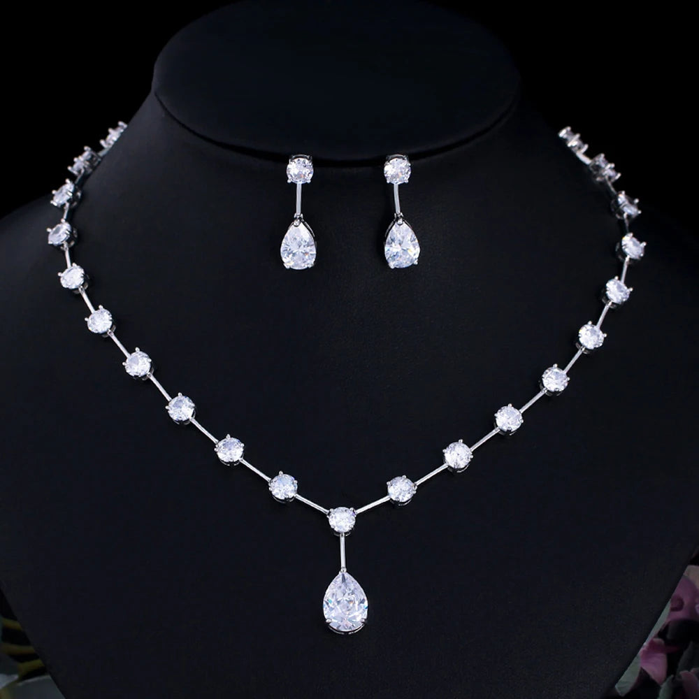Sparkling White Cubic Zirconia Crystal Necklace and Earrings Big Chunky Water Drop Bridal Jewelry Set for Women Wedding