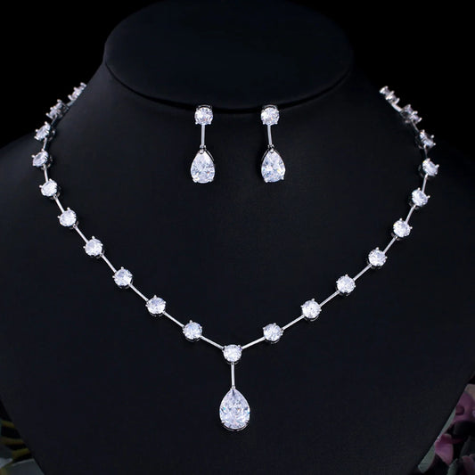 Sparkling White Cubic Zirconia Crystal Necklace and Earrings Big Chunky Water Drop Bridal Jewelry Set for Women Wedding