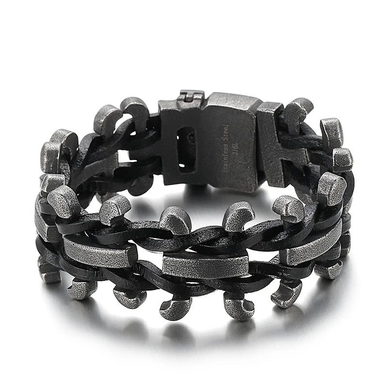 KALEN Personality Retro Leather Rope Stainless Steel Men's Motorcycle Bracelet