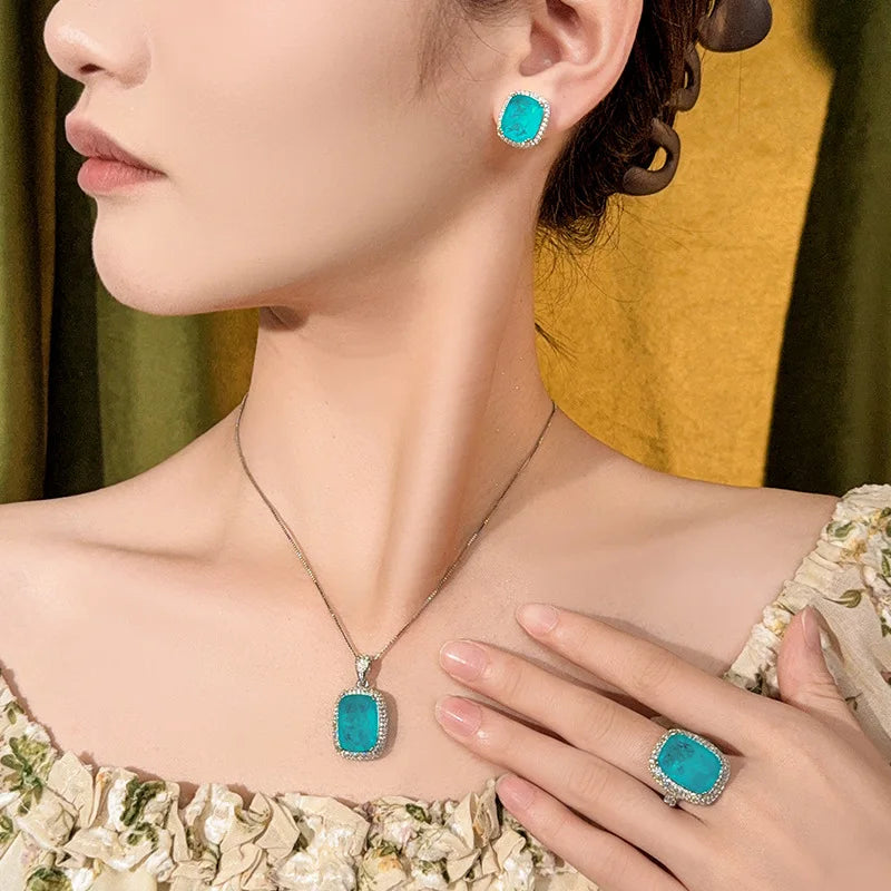REDheart Brass Zircon Flower Shape Pendant Simulation Paraba Blue Gold Plated Trendy Women's Jewelry Set