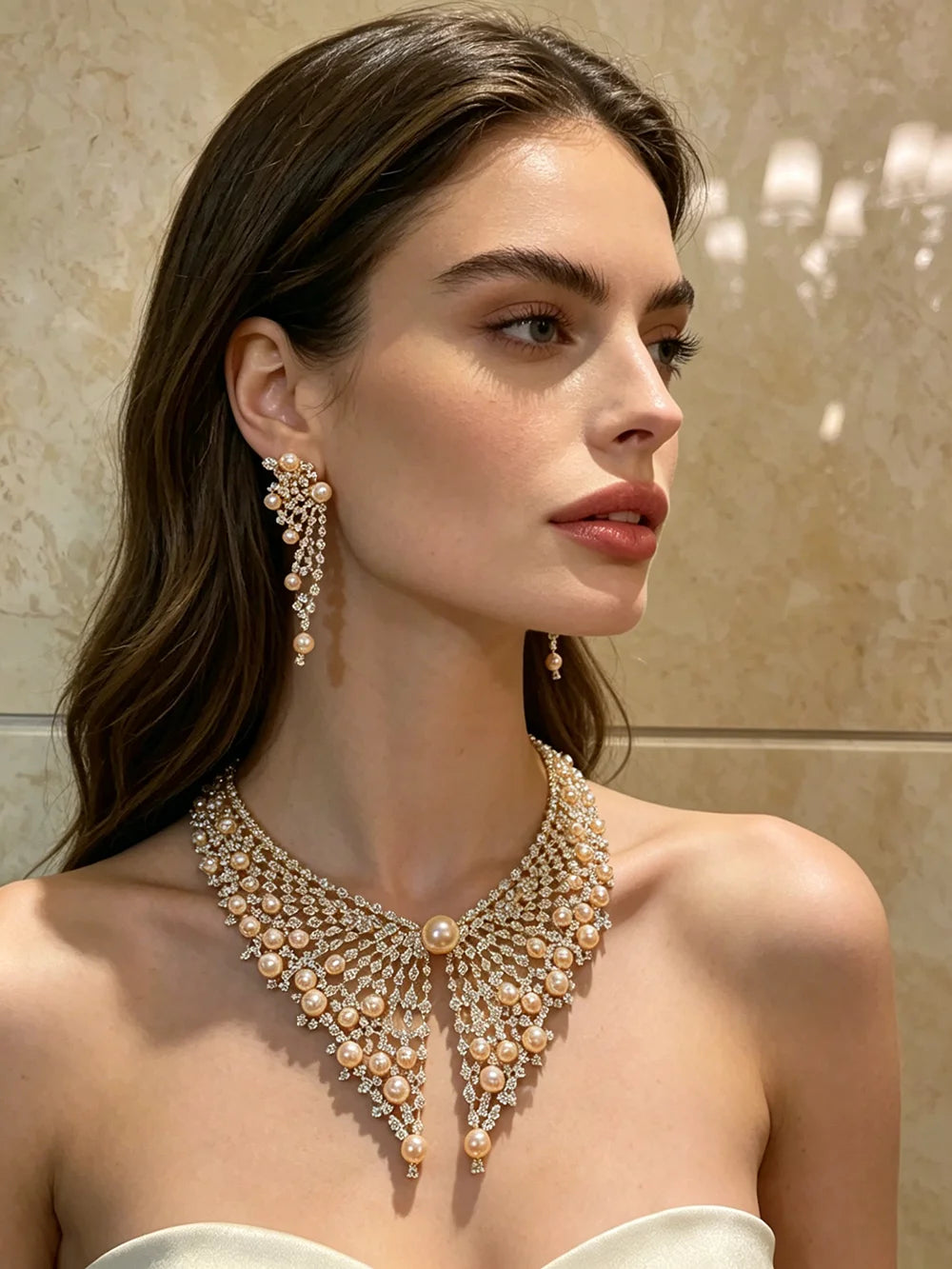 XM S424 Gold Plated Hollow Mesh Champagne Pearl & Full Paved CZ Bib Choker Necklace & Long Tassel Drop Earrings Set