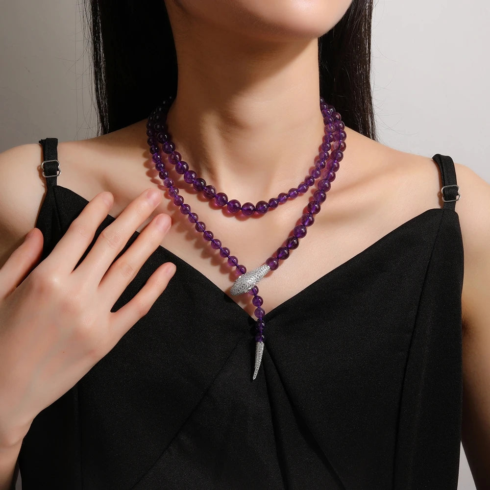 MUSHAN Jewelry Factory Natural Amethyst Spirit Snake Necklace S925 Silver Gold Plated High Carbon Diamond 8+6mm Beaded Necklace